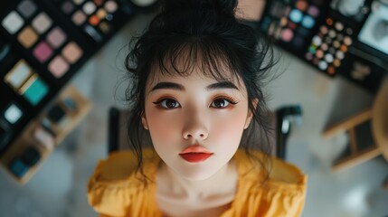 A creative flatlay of makeup products with a woman applying eyeliner in the background, showcasing her skills