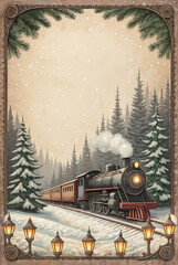Vintage train in snowy forest with holiday lanterns