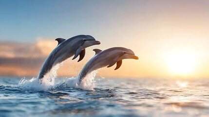 Obraz premium Dolphins leaping at sunset dynamic wildlife photography in a serene ocean environment