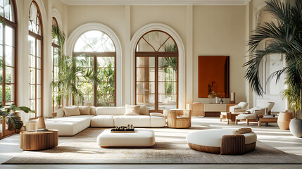 Fototapeta premium Discover modern interior design at its finest. This bright and luxurious showroom features contemporary furniture, stylish decor, and comfortable pieces, perfect for your home or business