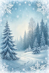 Obraz premium Snowy forest path with frosted trees and snowflakes