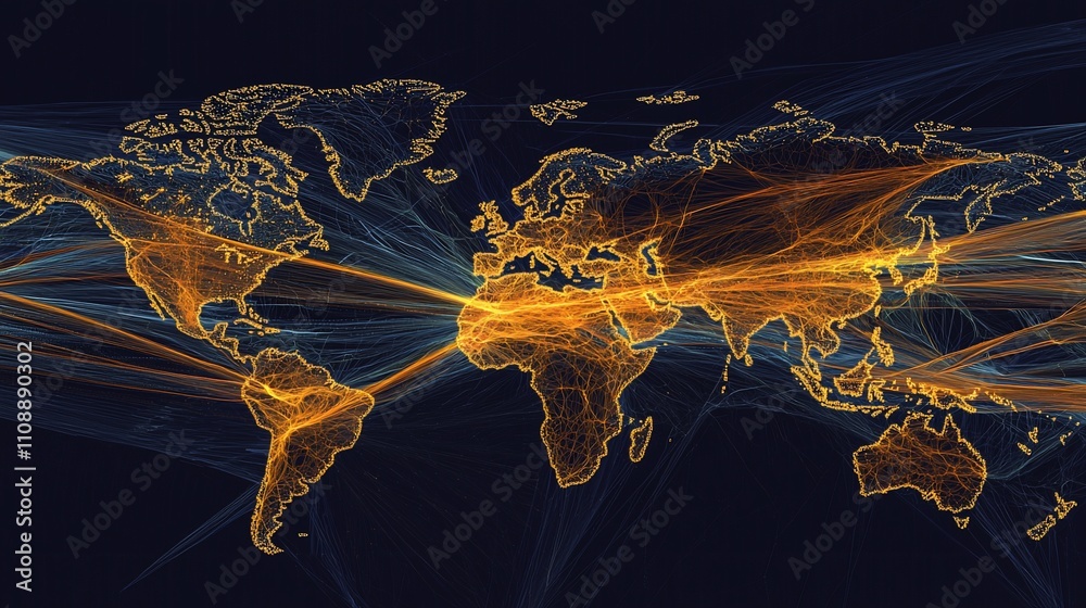 Poster Global network connections visualized on a world map with glowing lines.