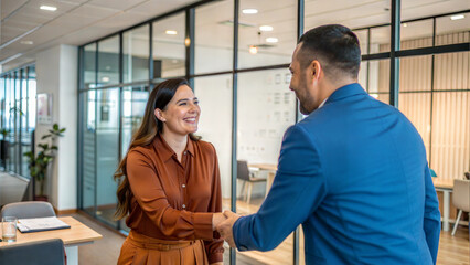 Obraz premium Business people shaking hands, finishing up a meeting. Businessman and businesswoman greeting each other in the office.
