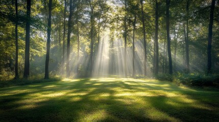 Fototapeta premium Soft sunlight filtering through a dense forest canopy, creating dappled shadows on the ground