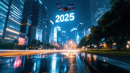 Fototapeta premium Urban skyline at midnight with drone and futuristic elements