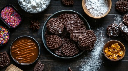 Flat lay of chocolate wafers and assorted toppings like caramel drizzle, sprinkles, and powdered sugar.