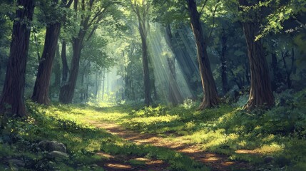 Obraz premium Soft sunlight filtering through a dense forest canopy, creating dappled shadows on the ground