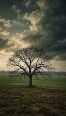 Solitary tree in a peaceful landscape under a textured sky.