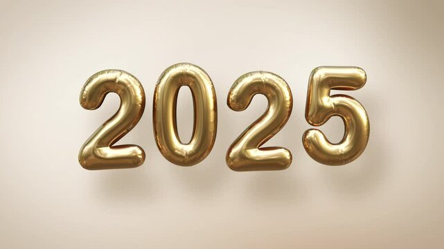 Gold 2025 Balloons on Beige cream, red and green Background. Festive New Year Celebration Design for Party or Event. 3D animation render4K