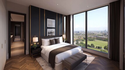 Fototapeta premium Luxury Modern Bedroom Design City View Gold Accents Dark Walls