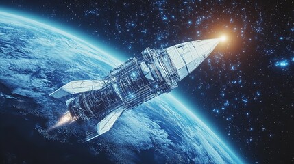 Obraz premium Digital Rocket Flies in Orbit of Planet Earth Abstract Light