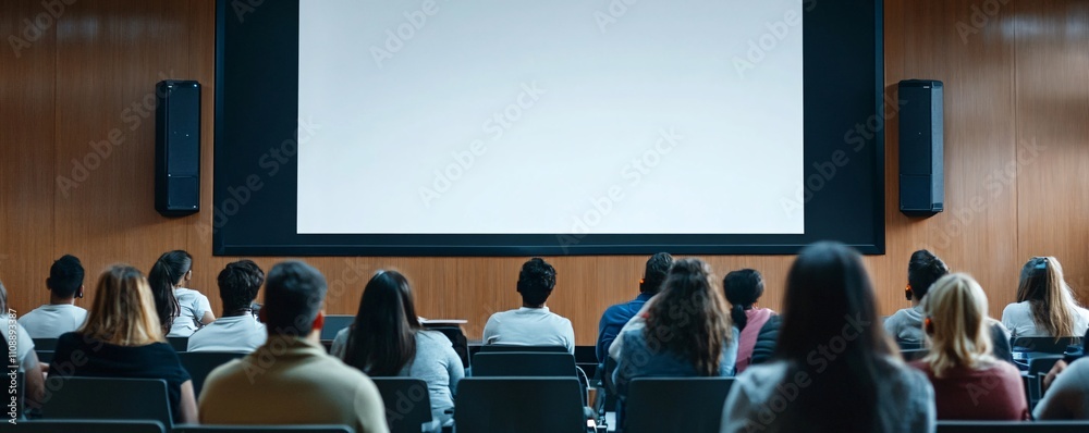 Poster Students watching blank projector screen in university lecture hall