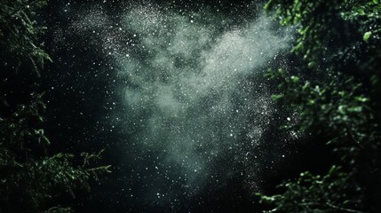 Fototapeta premium White dust falling through a dark, foggy forest, illuminated by moonlight, black background