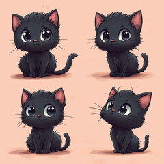 Obraz premium Cute black kitten illustrations in various poses, perfect for pet-themed designs and children's art