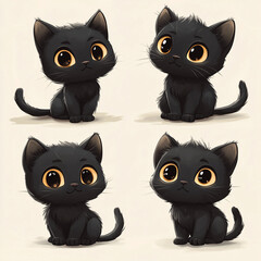 Fototapeta premium Adorable black kitten illustrations with big eyes in various poses, perfect for pet-themed projects and children’s art