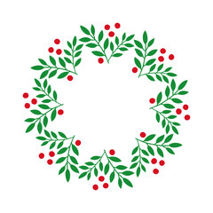 Tiempo de Navidad. Decoración primaveral. Logo con corona navideña con forma de estrella con hojas y bayas para tarjetas y felicitaciones