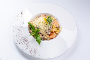 Pasta with Mushrooms, Salmon, Parmesan, and Creamy Sauce