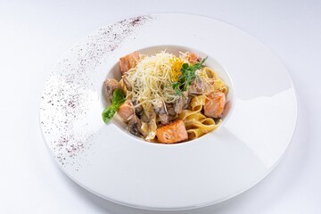 Pasta with Mushrooms, Salmon, Parmesan, and Creamy Sauce