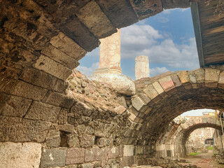 Ancient Izmir Agora built by Alexander the Great. Ancient columns can be seen from above a long...