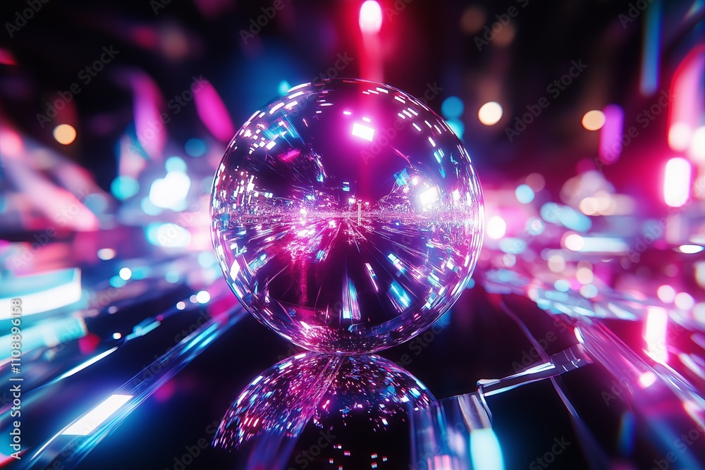 Aufkleber a zoomed-in shot of a disco ball reflecting multicolored lights across a dark space