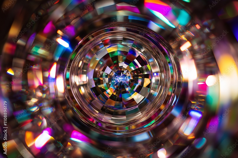 Poster a zoomed-in shot of a disco ball reflecting multicolored lights across a dark space
