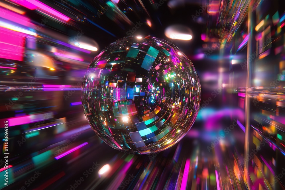 Poster a zoomed-in shot of a disco ball reflecting multicolored lights across a dark space