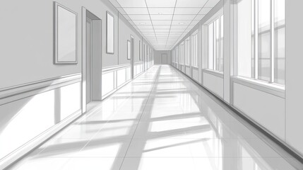 Serene White Corridor: Architectural Sketch of a Bright, Modern Interior