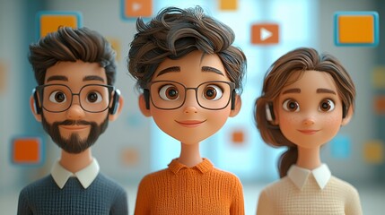 Three animated characters engaged in a colorful video call discussing creative ideas