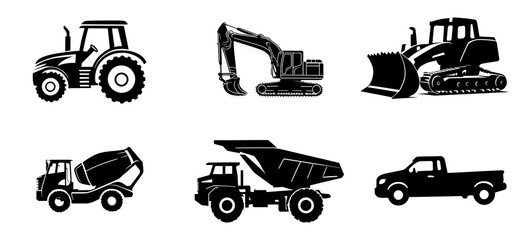 Silhouettes of machines for construction work and production, set of educational cards for little kids, black silhouettes of machines isolated on white background