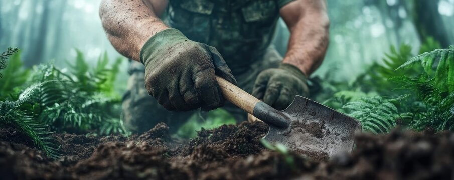 A dedicated hobbyist, shovel in hand, diligently works on a captivating forest project, surrounded by the lush greenery of towering trees and vibrant undergrowth He is immersed in the tranquility of