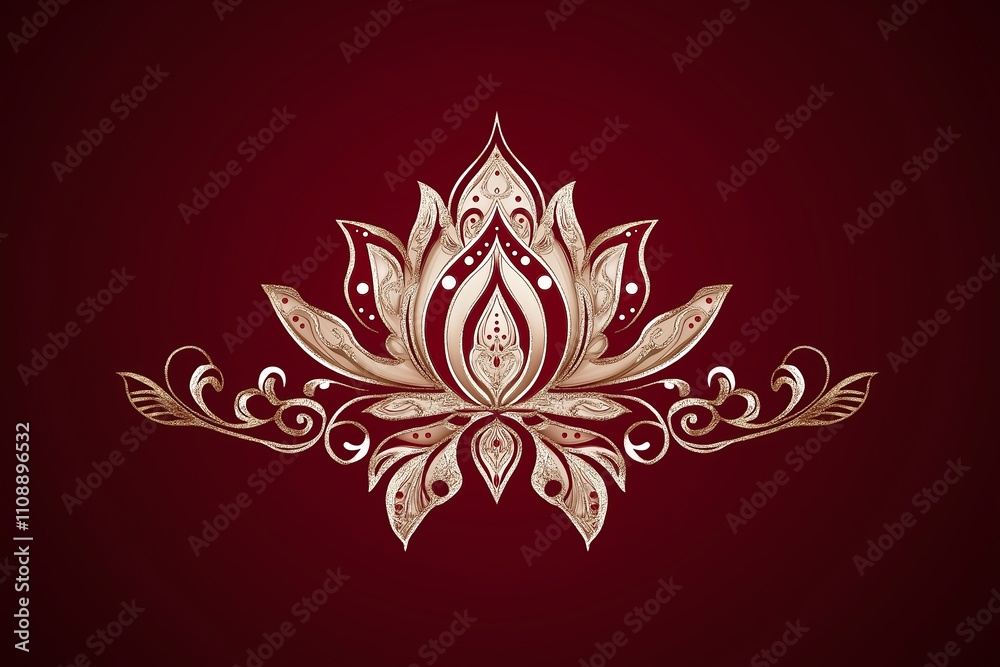 Poster an elegant henna pattern forming a glowing lotus on a deep crimson background