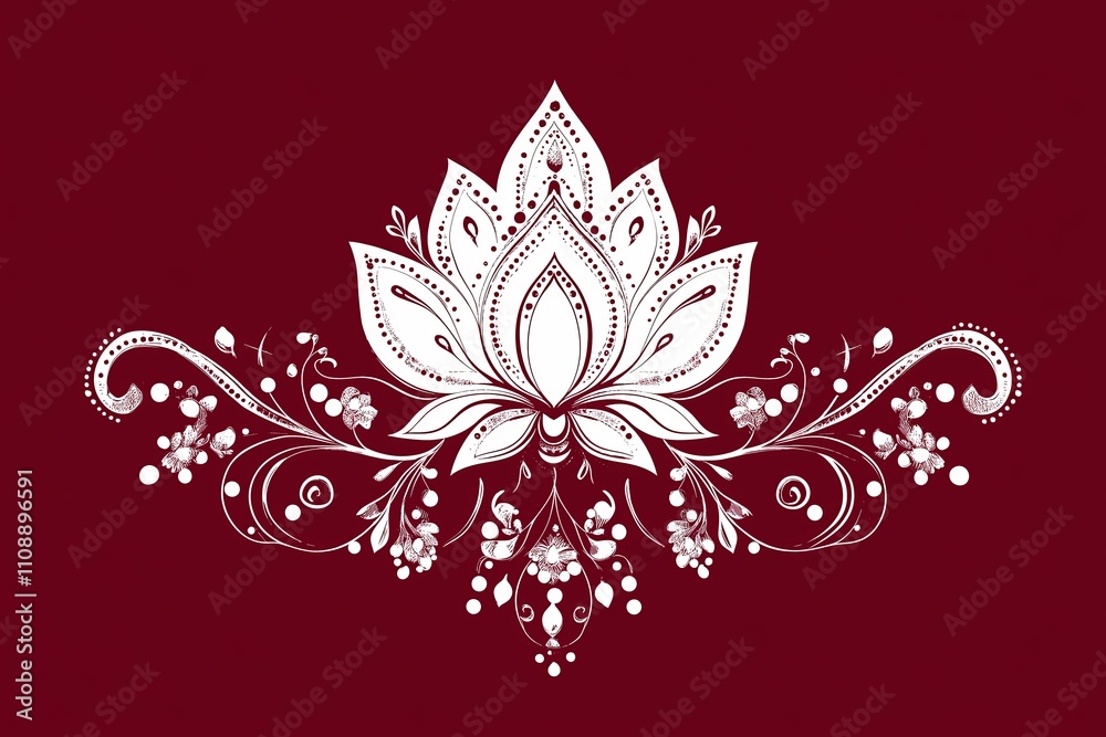 Poster an elegant henna pattern forming a glowing lotus on a deep crimson background