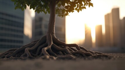 Obraz premium A tree with sprawling roots stands in a cityscape, illuminated by the warm glow of a sunset, symbolizing nature's resilience amidst urban development.
