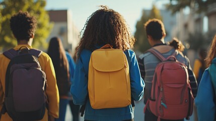 Students walking away carrying backpacks on sunny day