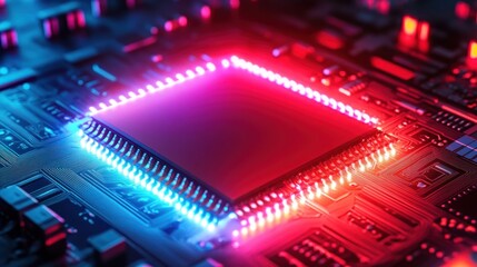 Colorful microchip on a circuit board with glowing lights 