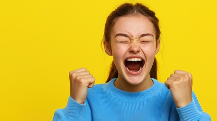A joyful girl celebrates with clenched fists against a bright yellow background, expressing excitement and happiness.