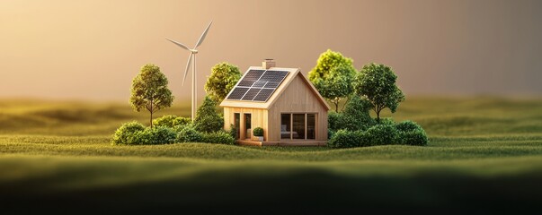 A miniature house with solar panels surrounded by greenery and a wind turbine, symbolizing renewable energy and sustainable living.