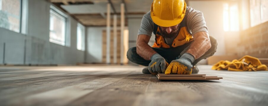 Professional Home Flooring Installation Expert Craftsmanship and Quality Assurance A skilled laborer meticulously installs flooring, focusing on precision and detail This image showcases the