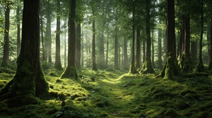 Fototapeta premium A Lush Forest with Moss-Covered Trees