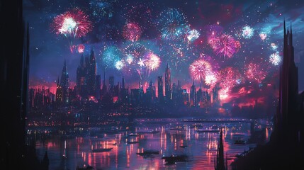 Fototapeta premium Fireworks illuminate the skyline of a vibrant city at night near the river