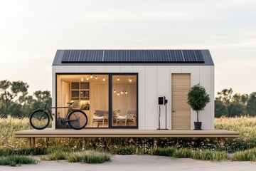 A modern, eco-friendly tiny house with solar panels, large windows, and a wooden deck, surrounded by nature and featuring a bicycle.