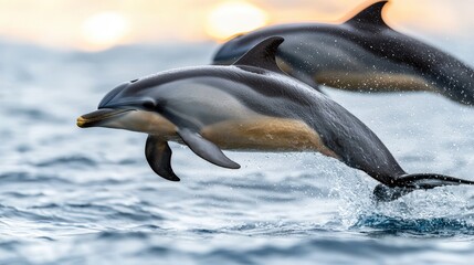 Obraz premium Dolphins leaping ocean sunset marine wildlife playful mammals aquatic animals wildlif