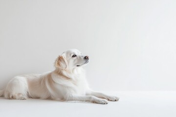 White golden retriever dog lying on white background, empty space for text on the left, atmosphere of joy and health