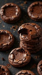 Fototapeta premium Stack of double chocolate chip cookies with cocoa powder.