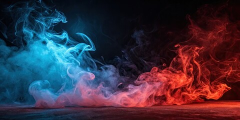 Abstract Neon Foggy Background with Intense Swirls of Blue and Red Smoke
