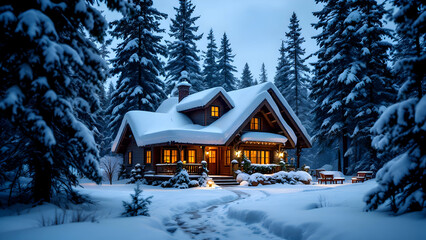 Cozy Winter Cabin in Snow - Warm Lights and Serene Pine Forest