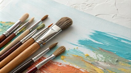 Obraz premium Artistic Paintbrush Collection on Abstract Painted Surface - Minimalist Photography, Creative Tools, Colorful Art, Artistic Inspiration, DIY Crafts, Abstract Design, Still Life, Modern Aesthetic,