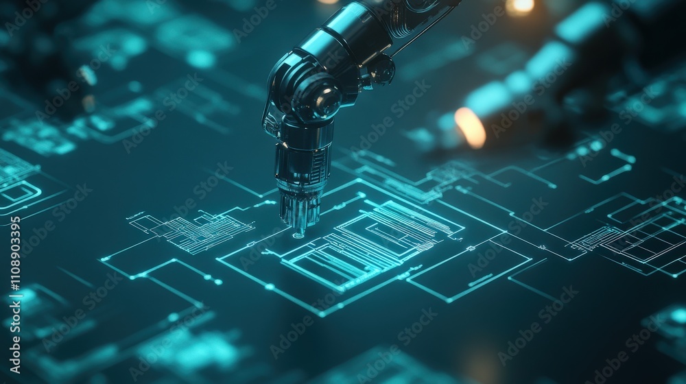 Poster Futuristic Robotic Hand Interacting with Digital Circuit Board in a Technologically Advanced Environment Showcasing Innovation and Precision in Automation