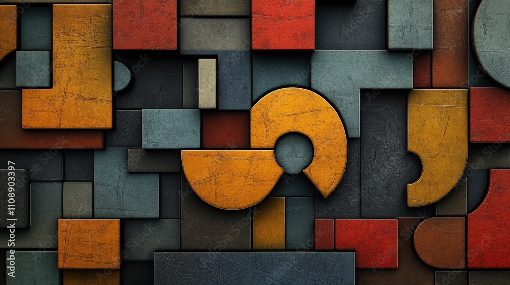 Aufkleber Abstract Colorful Geometric Shapes Arrangement in Warm and Cool Tones with Textured Surfaces Suitable for Backgrounds and Design Projects