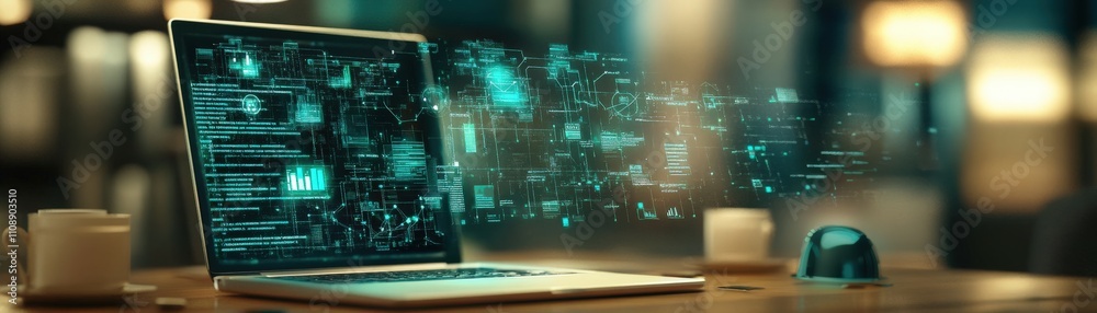 Poster Futuristic Laptop Displaying Data Analytics and Digital Interfaces in a Modern Workspace with Coffee Cup and Ambient Lighting